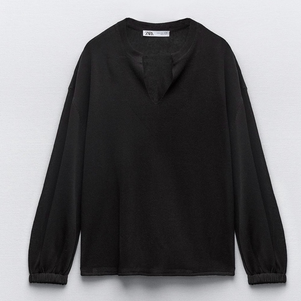 ZARA Semi Sheer Notch-Neck Long Sleeve Top